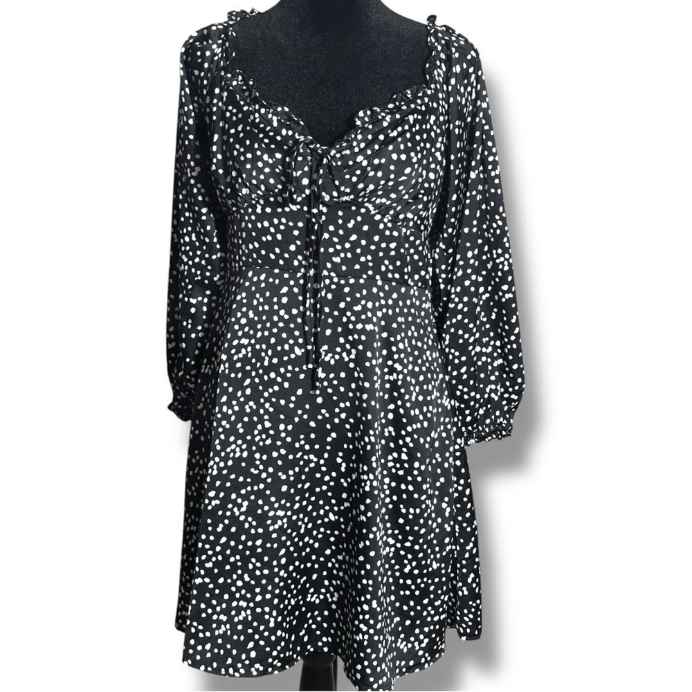 She + Sky Black and White Polka Dot Ruffled Front Tie Long Sleeve Mini Dress - Picture 1 of 16